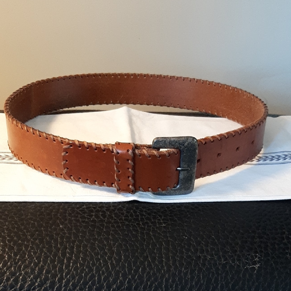 Vintage Ladies Tan Leather Belt Blumarine Italy 42 Sm Stitching Hammerd Buckel